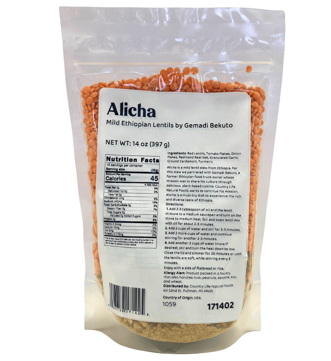 Alicha - Mild Ethiopian Red Lentils - Country Life Natural Foods