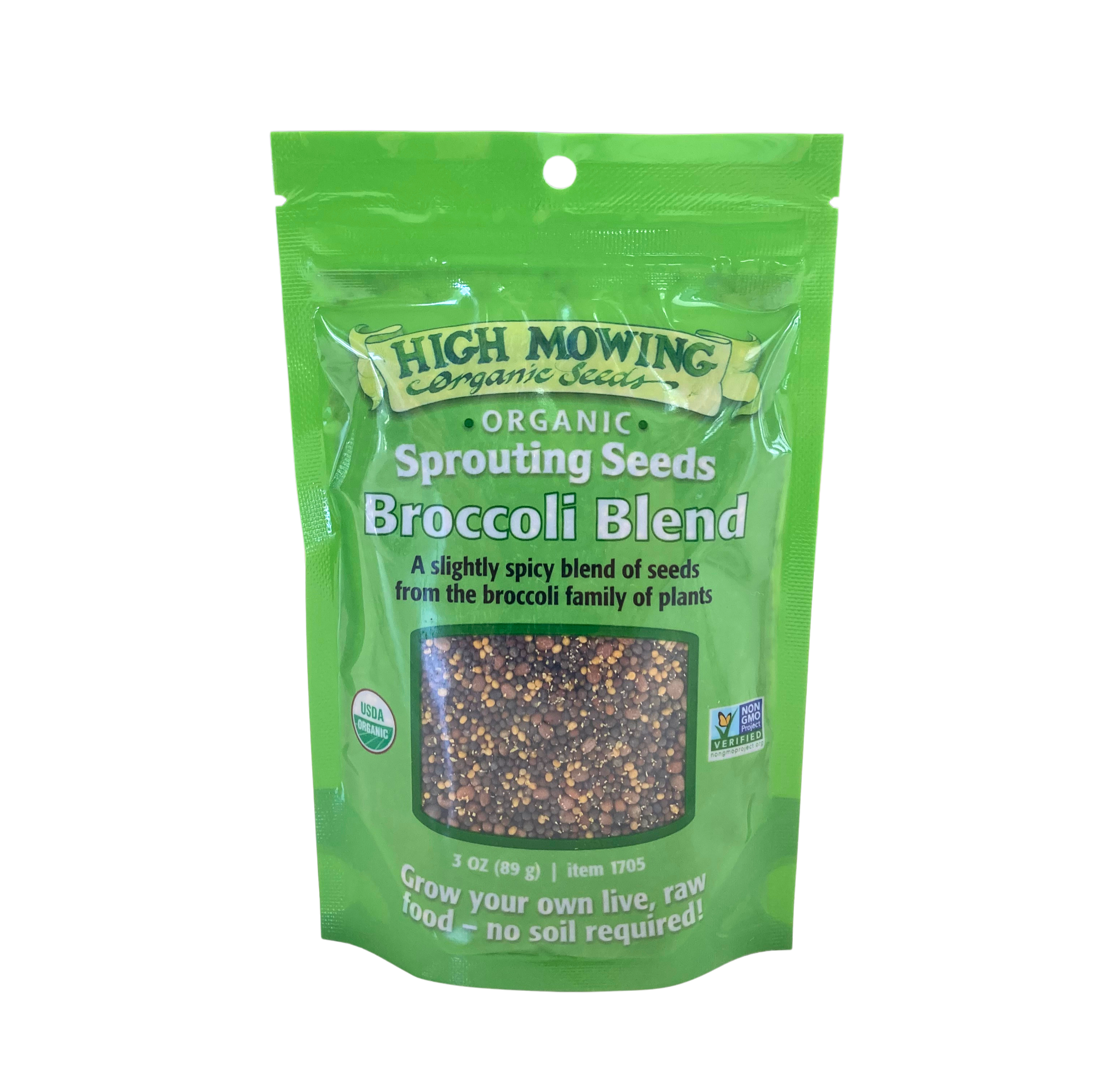 High Mowing Organic Sprouting Seeds Broccoli Blend packaging with vibrant green design.