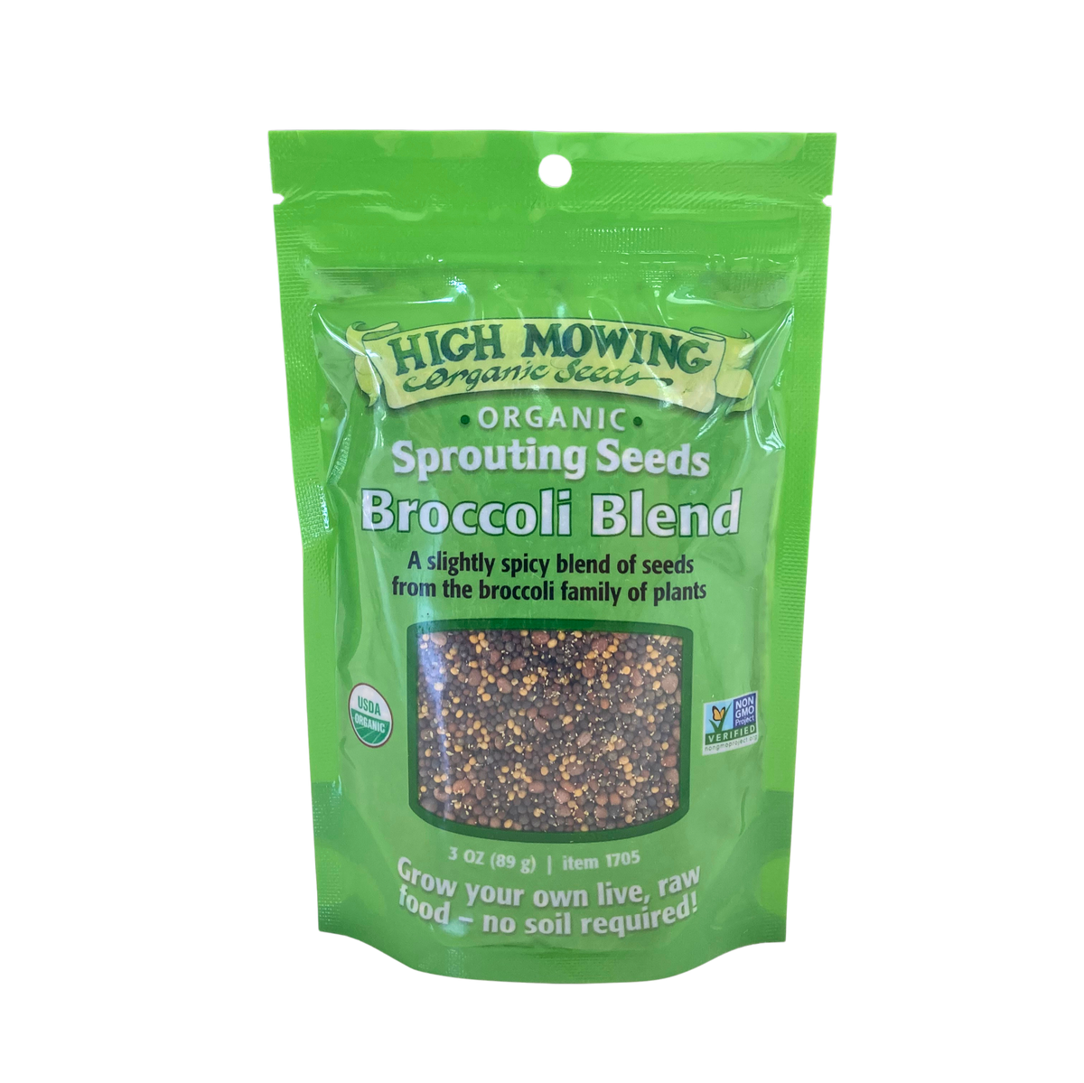 High Mowing Organic Sprouting Seeds Broccoli Blend packaging with vibrant green design.