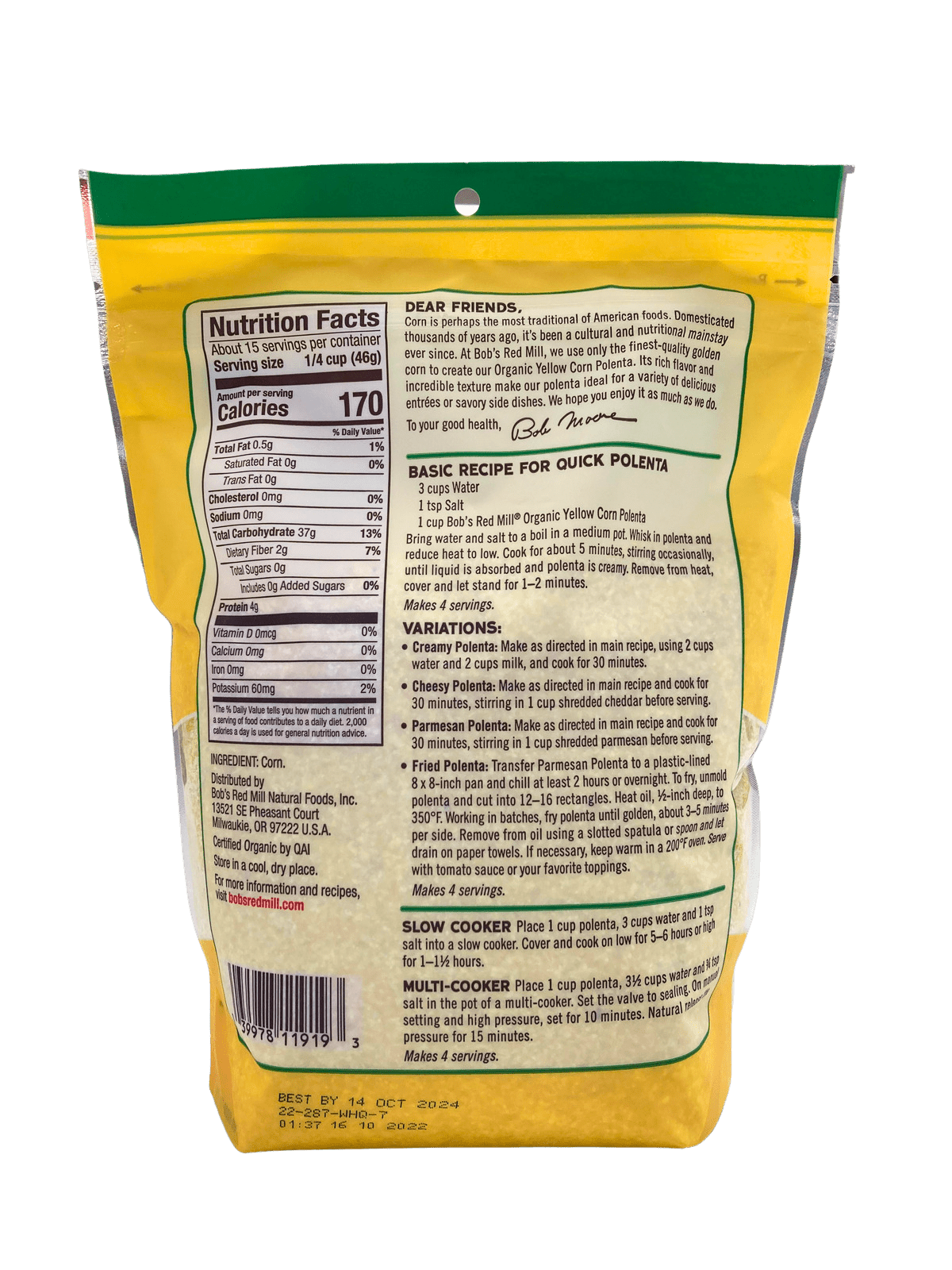 Corn Grits, Yellow, Organic, Polenta, Bob's Red Mill, Grains - Country Life Natural Foods