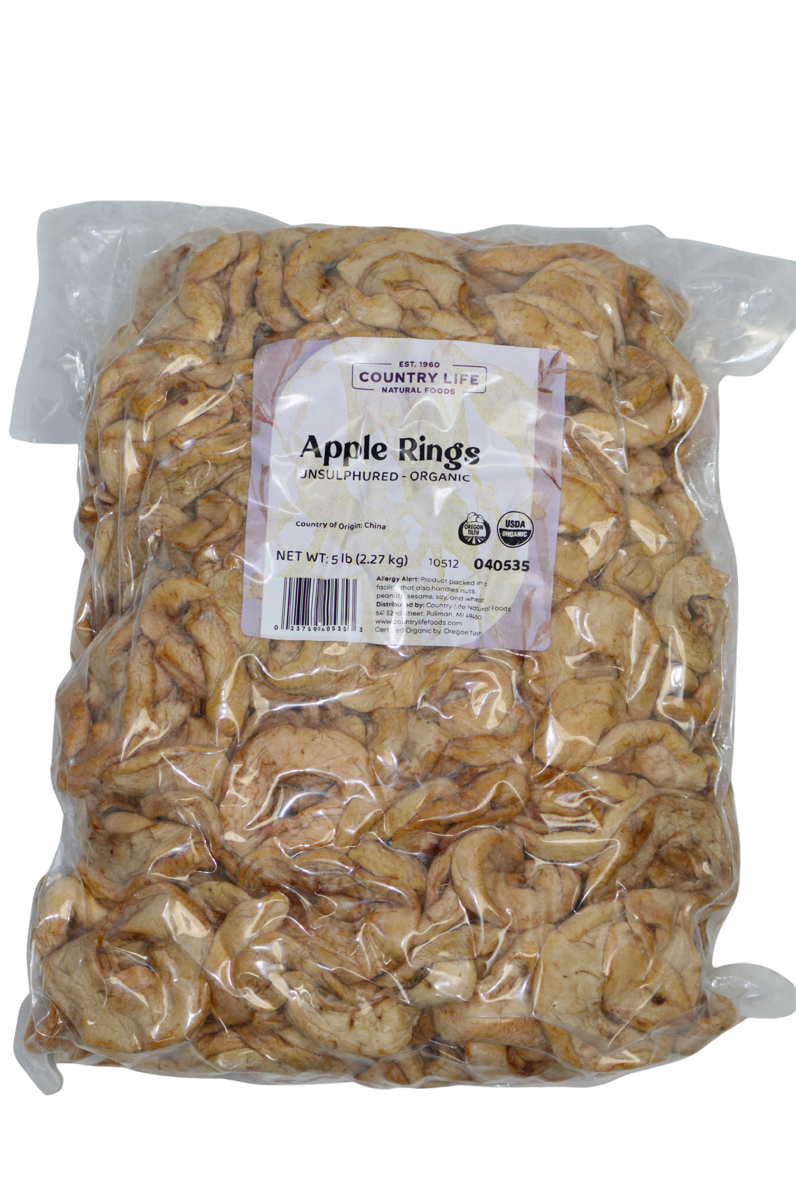5 lb bag of organic apple rings by Country Life Natural Foods.