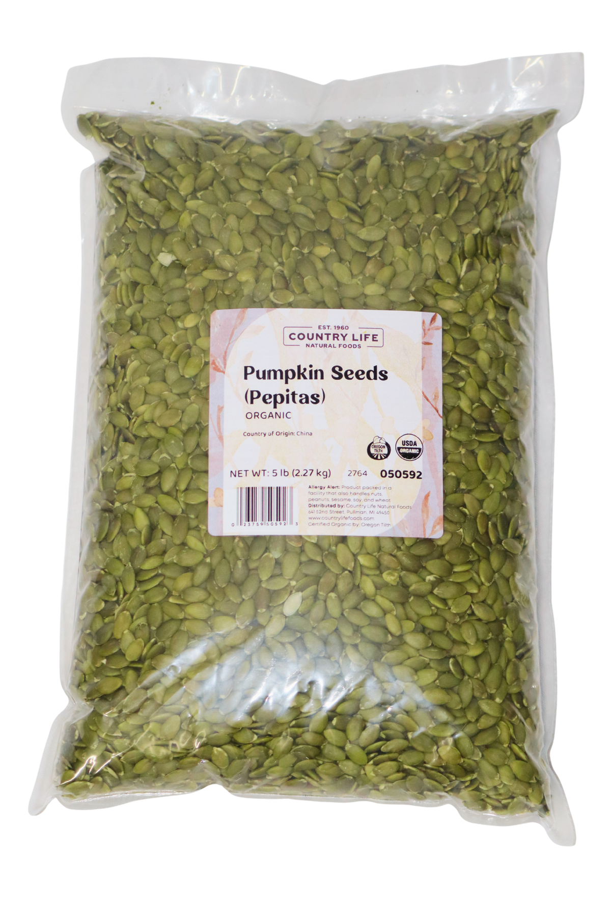 5 lbs bag of Pepitas (Pumpkin Seeds) from Country Life Natural Foods, showcasing the packaging design.
