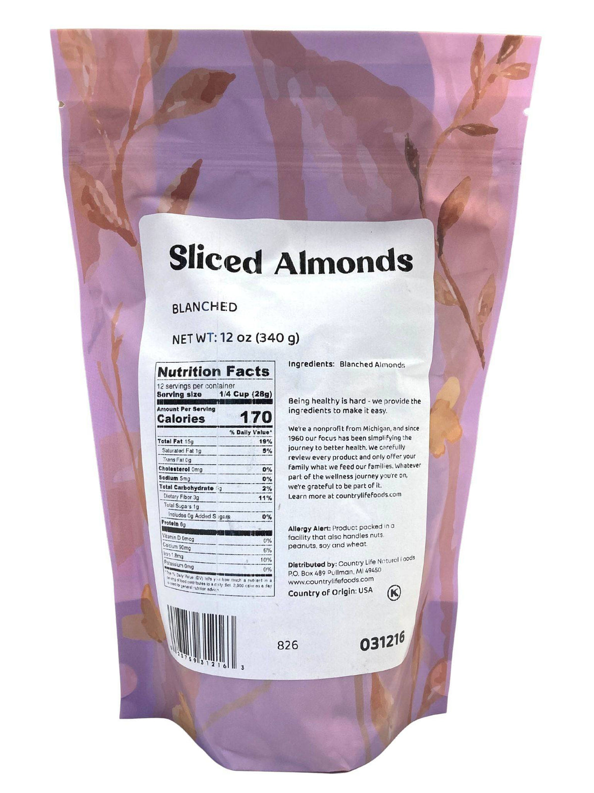 Almonds, Sliced, Blanched, Nuts - Country Life Natural Foods