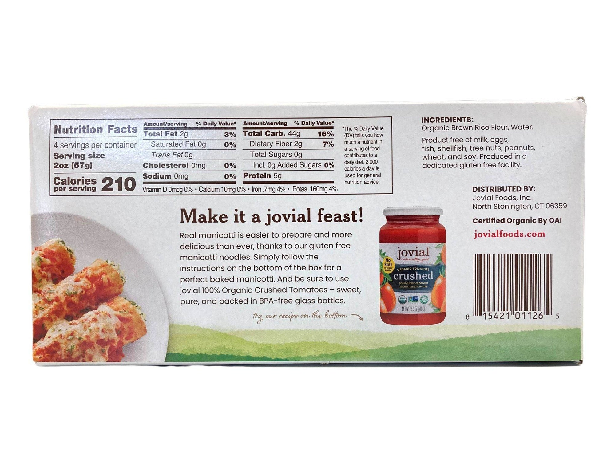 Manicotti, Brown Rice, Organic, Jovial, Gluten-Free, Pasta & Noodles - Country Life Natural Foods