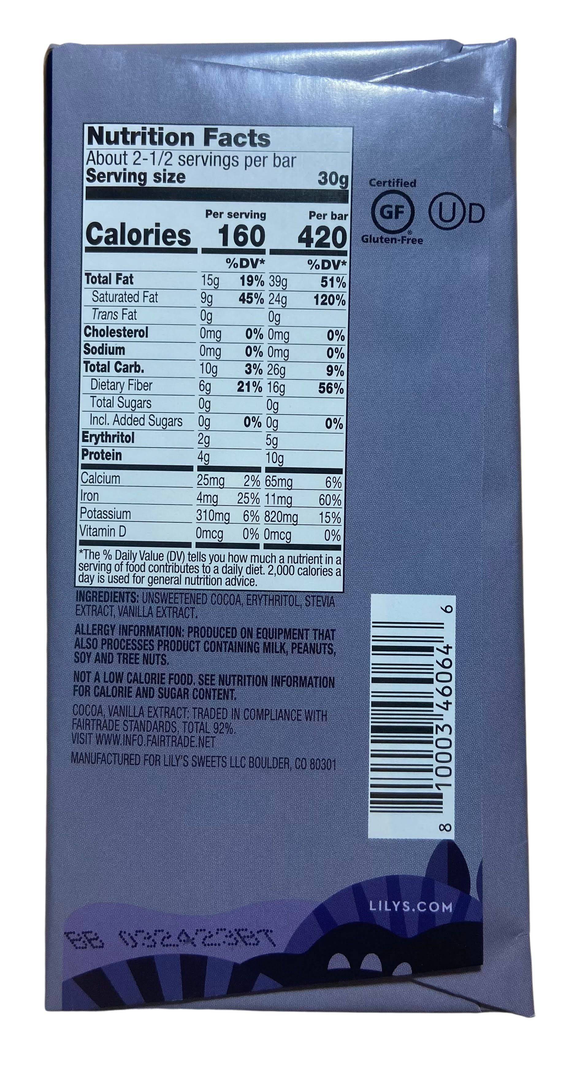 Chocolate Bars, Dark, Stevia Sweetened, Lily's - Country Life Natural Foods