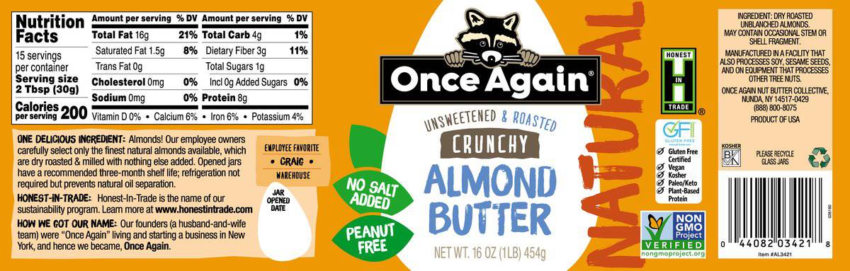 Almond Butter, Crunchy, No Salt - Country Life Natural Foods